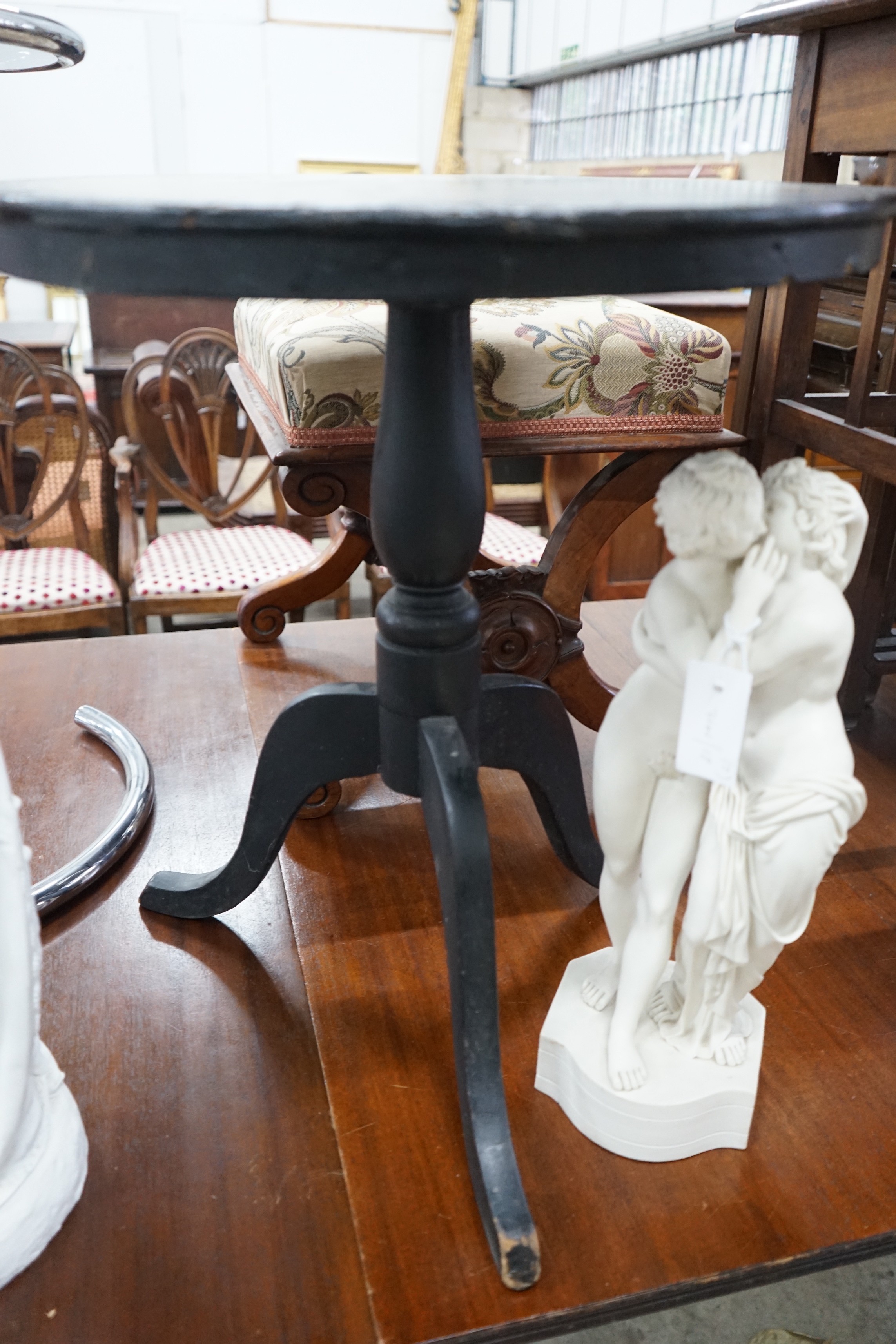 An early 20th century parquetry inlaid square occasional table and a Victorian and later painted tripod table, larger width 50cms height 72cms.